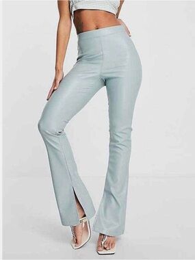 Topshop Faux Leather Pale Blue Split-Hem Flare Pants